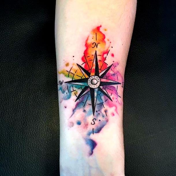 Watercolour compass tattoo