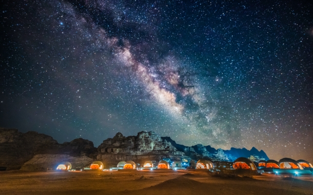 Bubble tents under a clear nights sky at Wadi Rum