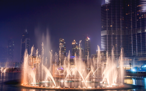 Night city, panoramic view - Burj Khalifa and dancing fountain.