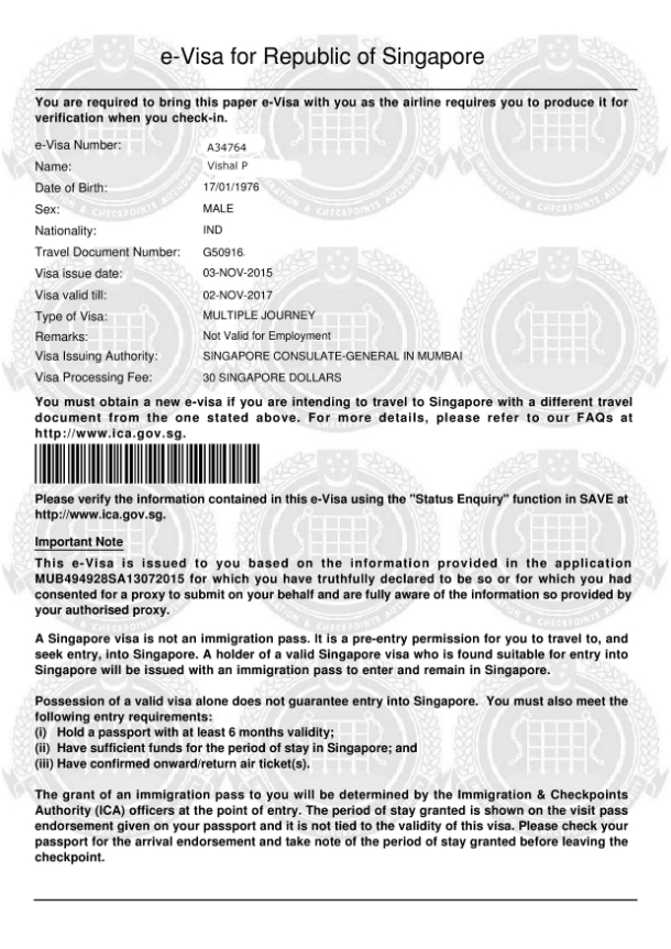 Sample Singapore Visa Musafir