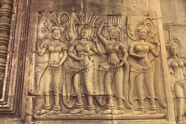 Stone bas relief with maidens and temple dancers Stone bas relief with maidens and temple dancers