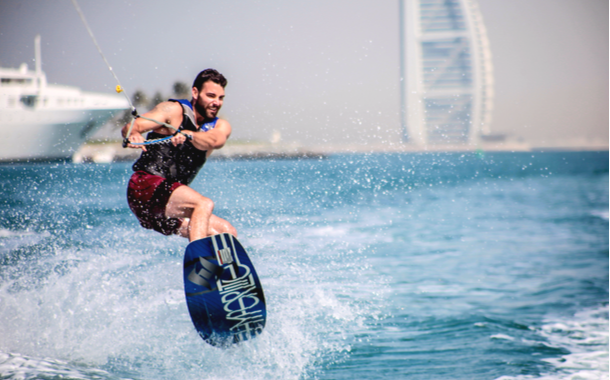 Wakeboarder enjoying a perfect day in Dubai Marina