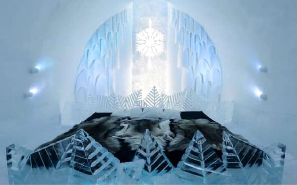 A bedroom at the Icehotel, Sweden