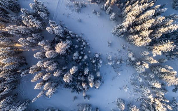Aerial view of a mountain landscape in the winter