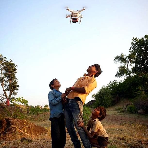 Rajasthani kids amused at the sight of drone 